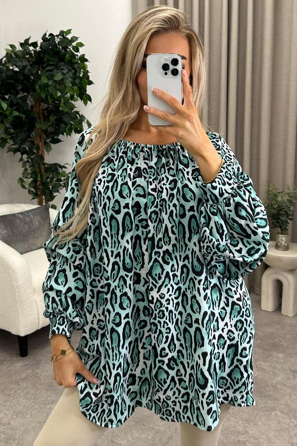 Lasula Marlina Green Leopard Print Tier Long Sleeve Bardot Top