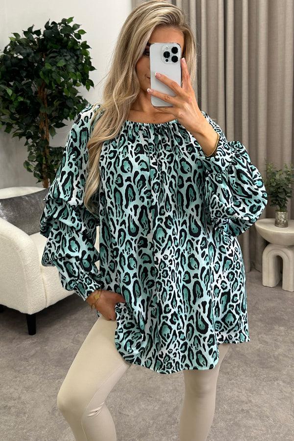 Lasula Marlina Green Leopard Print Tier Long Sleeve Bardot Top