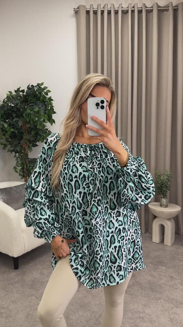 Lasula Marlina Green Leopard Print Tier Long Sleeve Bardot Top