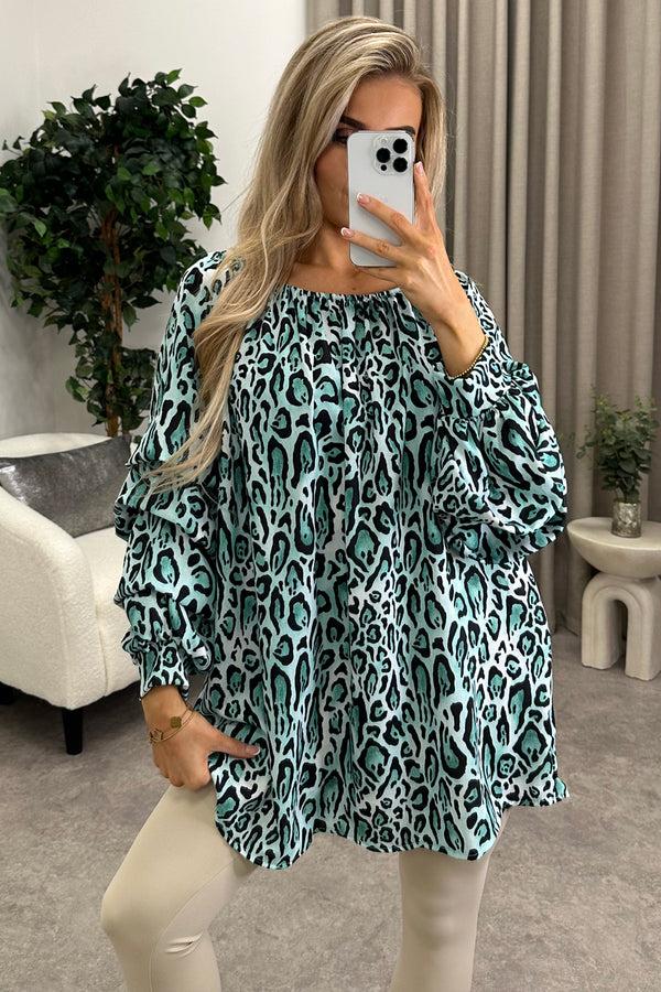 lasula Marlina Green Leopard Print Tier Long Sleeve Bardot Top