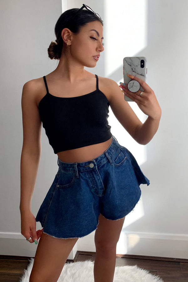 Lasula Martha Dark Blue Denim High Waisted Flared Shorts