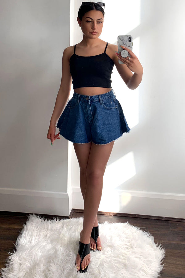 Lasula Martha Dark Blue Denim High Waisted Flared Shorts