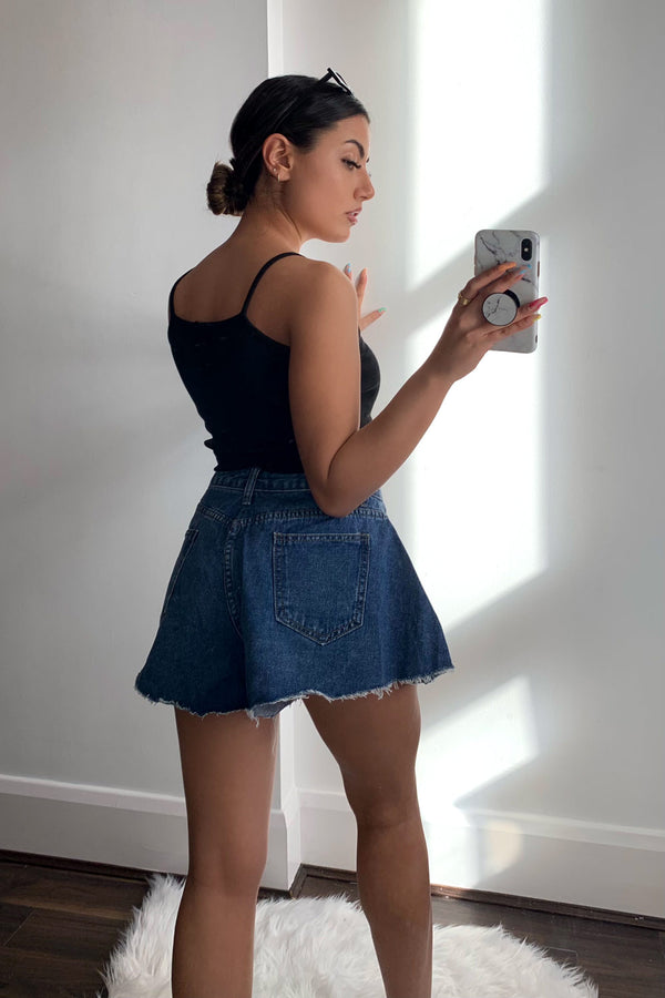 Lasula Martha Dark Blue Denim High Waisted Flared Shorts