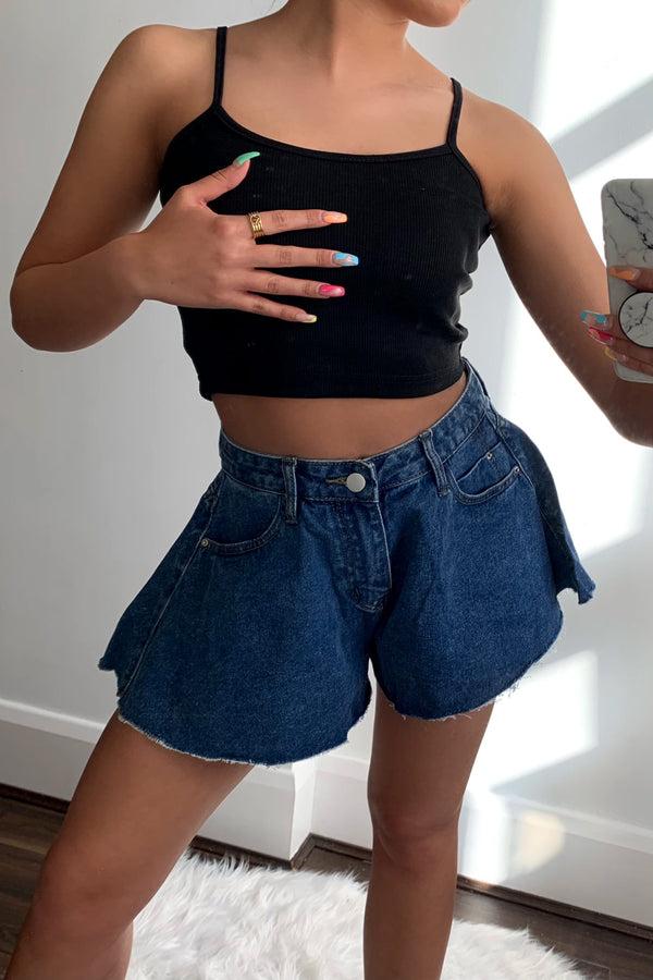 lasula Martha Dark Blue Denim High Waisted Flared Shorts