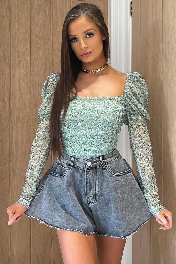 lasula Martha Grey Denim High Waisted Flared Shorts