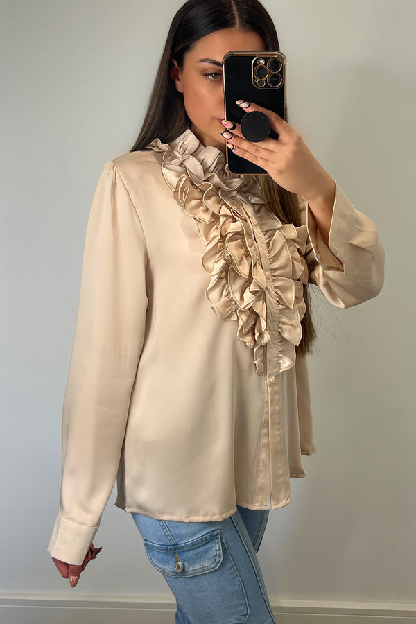 Lasula Martina Beige Ruffle Frill Satin Button Up Shirt