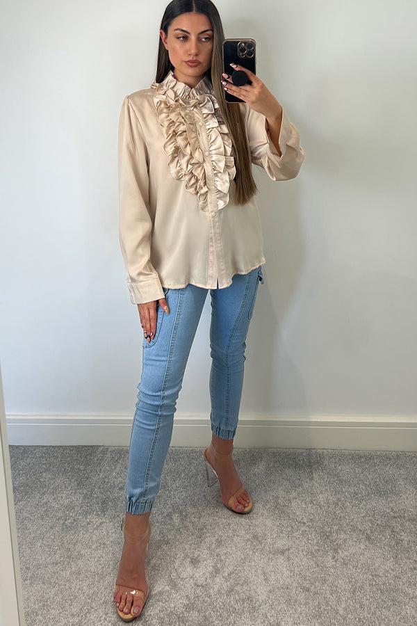 Lasula Martina Beige Ruffle Frill Satin Button Up Shirt