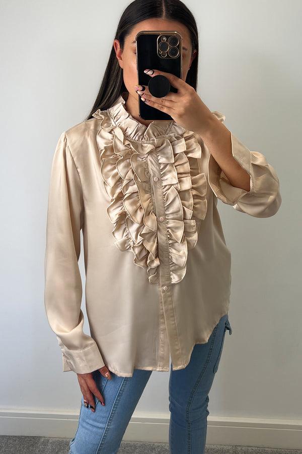 Lasula Martina Beige Ruffle Frill Satin Button Up Shirt