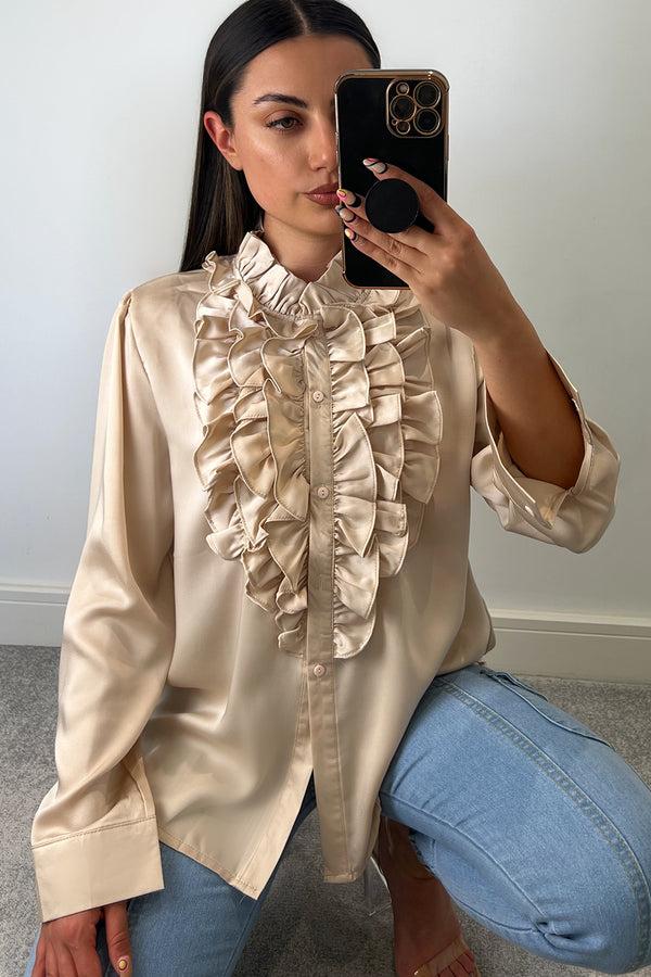 lasula Martina Beige Ruffle Frill Satin Button Up Shirt lasula Martina Beige Ruffle Frill Satin Button Up Shirt