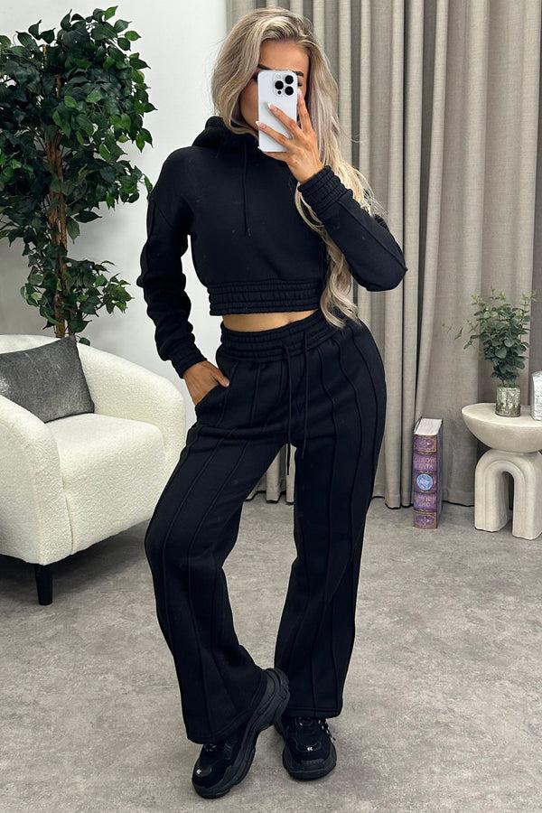 Lasula Melodie Black Seam Detail Hoodie And Wide Leg Joggers Tracksuit Set