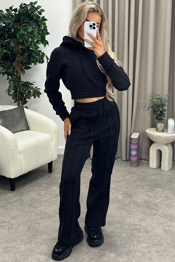 lasula Melodie Black Seam Detail Hoodie and Wide Leg Joggers Tracksuit Set