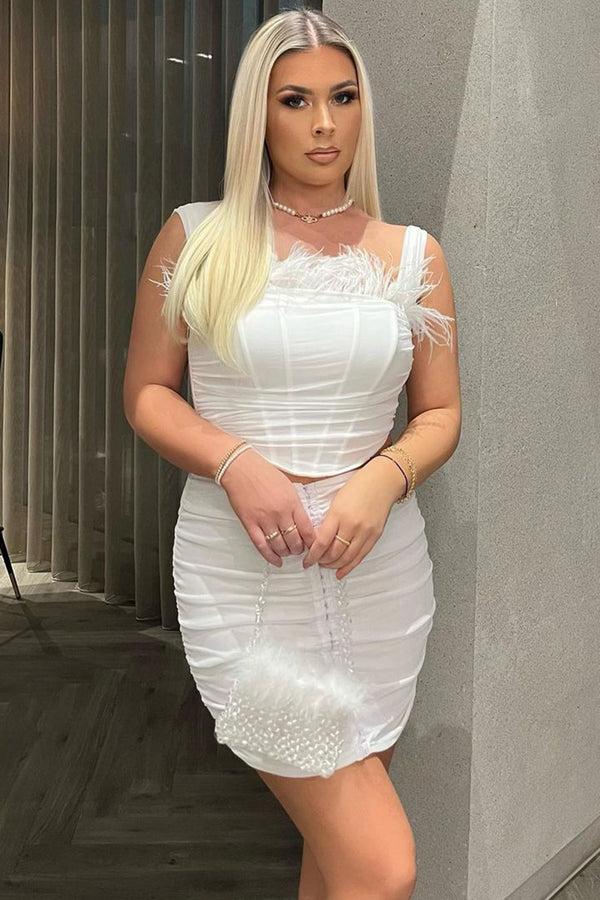 Lasula Melody White Feather Trim Ruched Mesh Corset Top