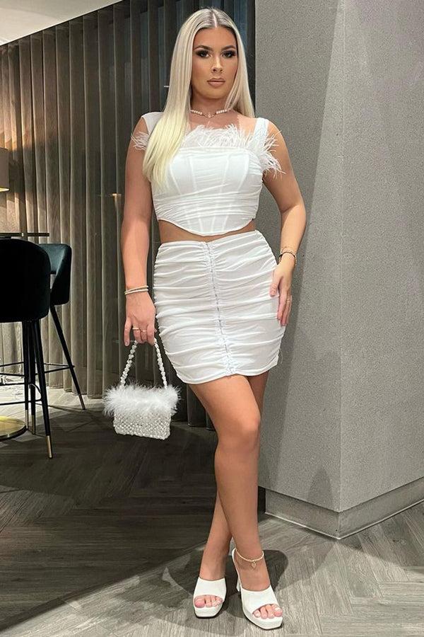 Lasula Melody White Feather Trim Ruched Mesh Corset Top