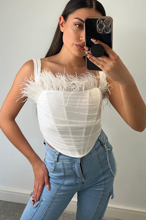 lasula Melody White Feather Trim Ruched Mesh Corset Top