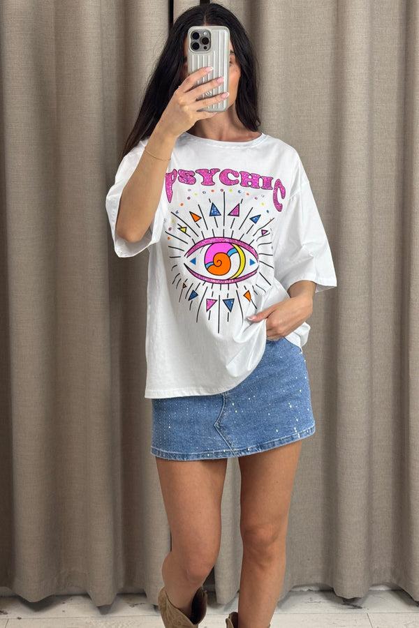 Lasula Mirabell White Psychic Diamante Embellished Eye Graphic Print Oversized T-Shirt