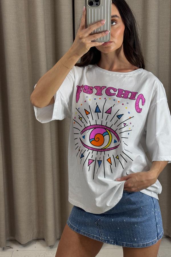 lasula Mirabell White Psychic Diamante Embellished Eye Graphic Print Oversized T-Shirt
