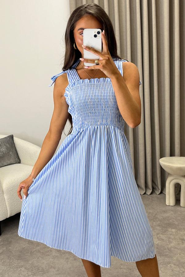 Lasula Monique Blue Stripe Print Tie Strap Shirred Midi Dress