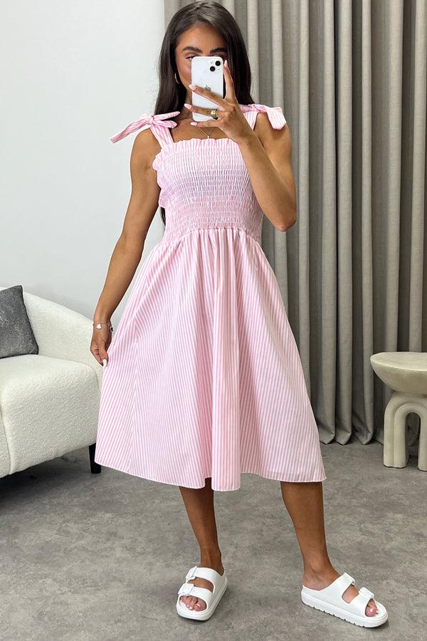 Lasula Monique Pink Stripe Print Tie Strap Shirred Midi Dress