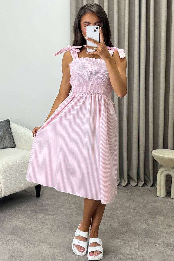 lasula Monique Pink Stripe Print Tie Strap Shirred Midi Dress