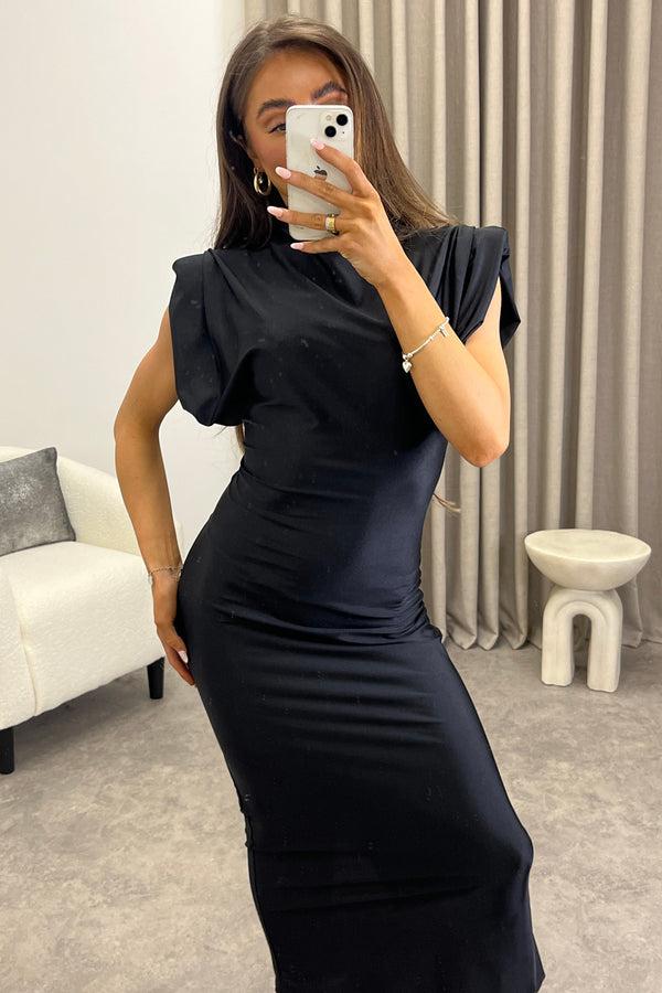 Lasula Naomhi Black High Neck Draped Sleeve Slinky Maxi Dress