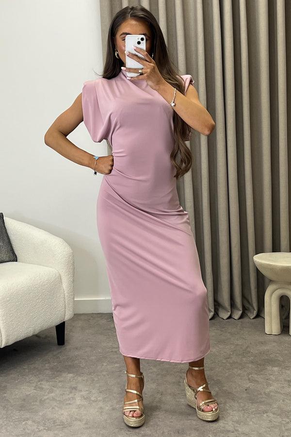 Lasula Naomhi Pink High Neck Draped Sleeve Slinky Maxi Dress