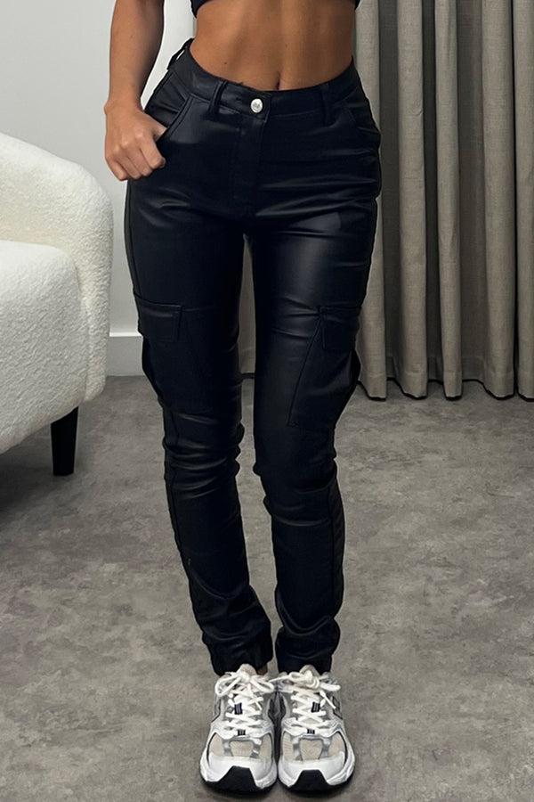 lasula Neve Black Faux Leather PU Skinny Cargo Trousers