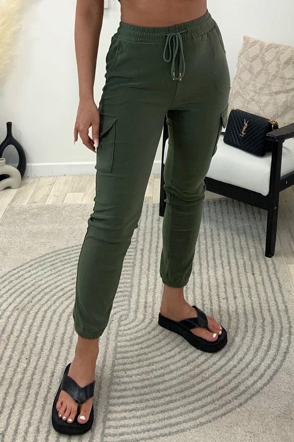 Lasula Nicky Khaki High Waisted Pocket Detail Cargo Jogger Trousers