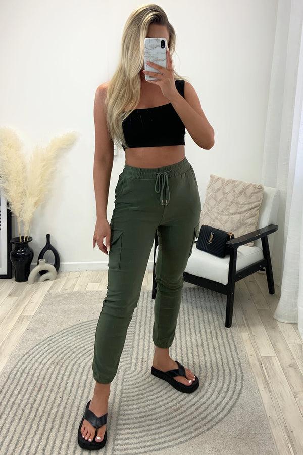 Lasula Nicky Khaki High Waisted Pocket Detail Cargo Jogger Trousers