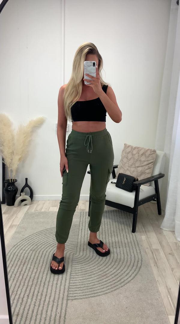 Lasula Nicky Khaki High Waisted Pocket Detail Cargo Jogger Trousers