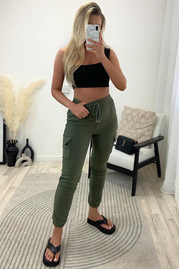 lasula Nicky Khaki High Waisted Pocket Detail Cargo Jogger Trousers