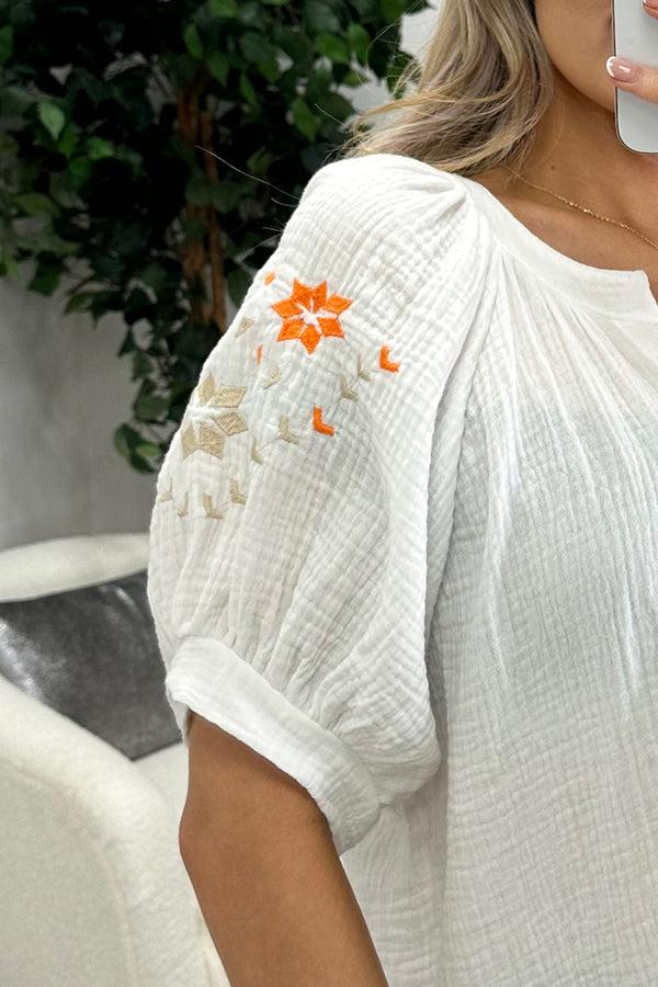 Lasula Rachey White And Orange Embroidered Button Up Shirt