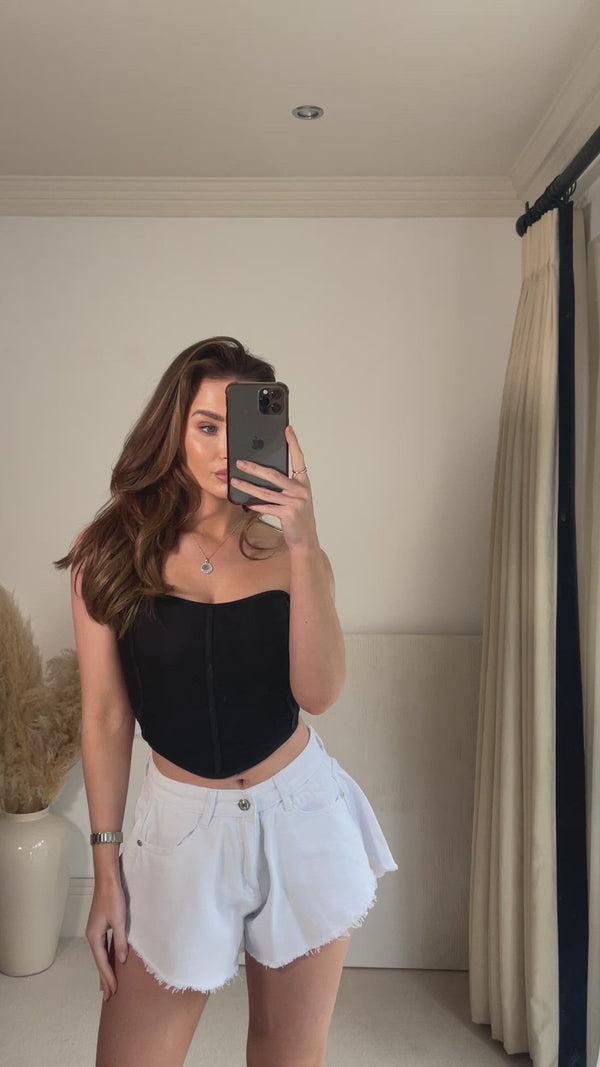 Lasula Rebecca White Raw Hem High Waisted Flared Denim Shorts