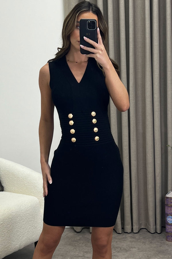Lasula Rena Black Ribbed Gold Button Sleeveless Knit Dress