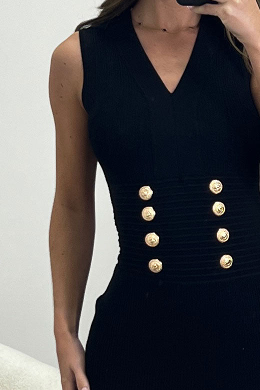 Lasula Rena Black Ribbed Gold Button Sleeveless Knit Dress