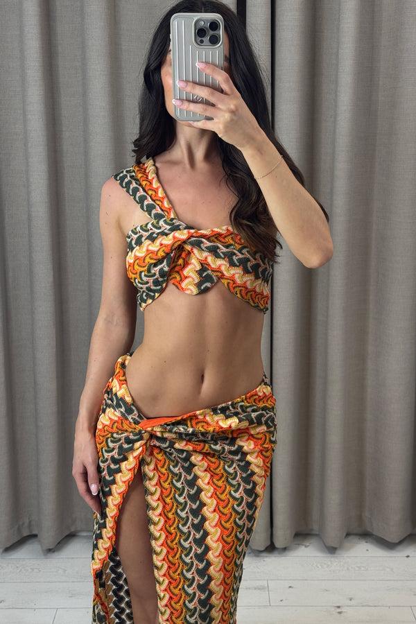 Lasula Renie Orange Crochet Knit Crop Top And Maxi Skirt Co-Ord Set