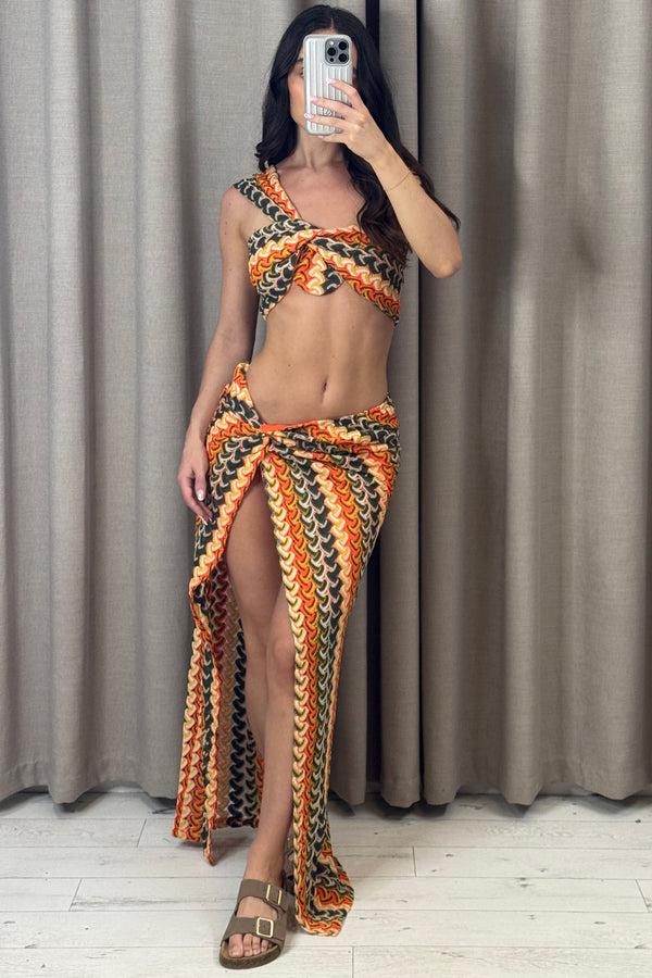 Lasula Renie Orange Crochet Knit Crop Top And Maxi Skirt Co-Ord Set