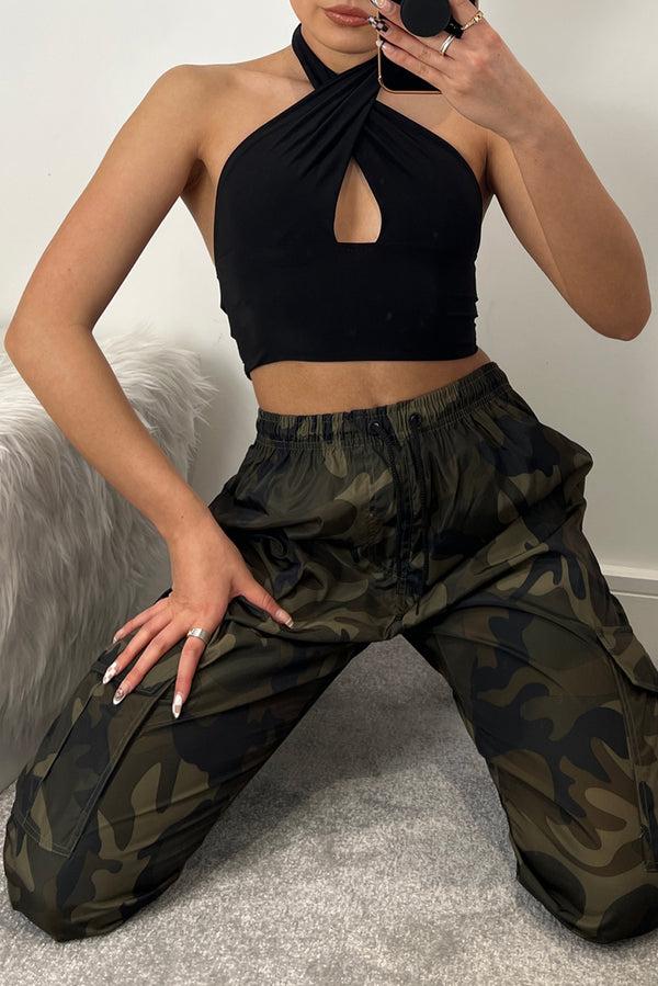 Lasula Roxy Khaki And Black Camo Shell Pocket Cargo Trousers