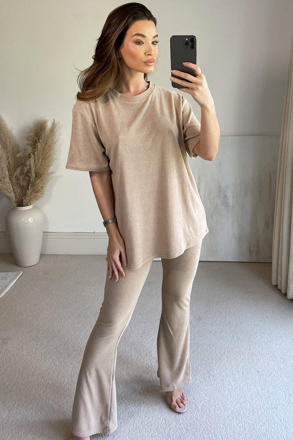 Lasula Rubey Beige Towelling Oversized T-shirt And Flared Trousers Co-Ord Set
