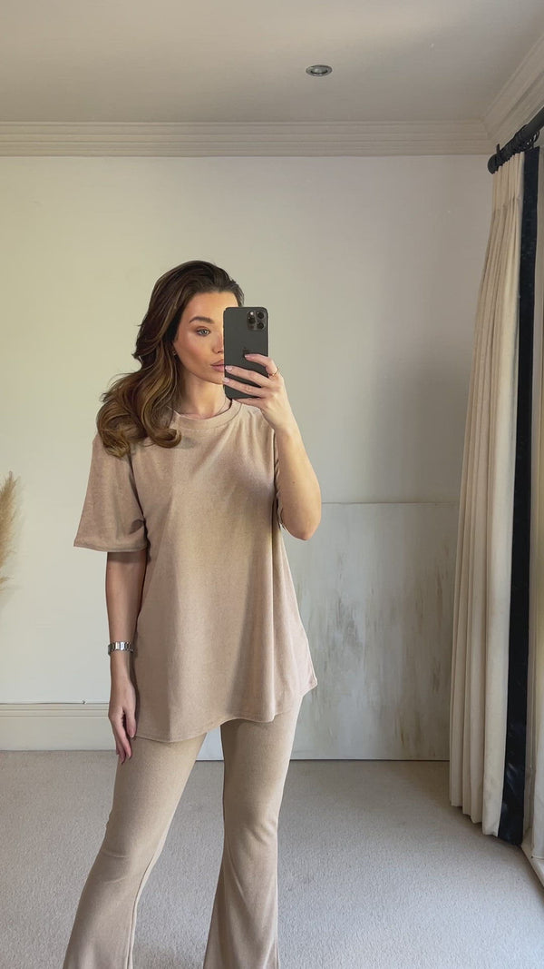 Lasula Rubey Beige Towelling Oversized T-shirt And Flared Trousers Co-Ord Set