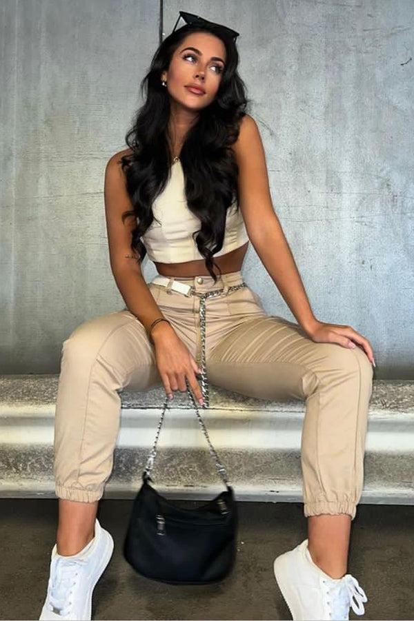 Lasula Ruby Beige Chain Detail Skinny Cargo Trousers