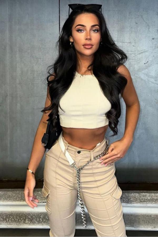 Lasula Ruby Beige Chain Detail Skinny Cargo Trousers