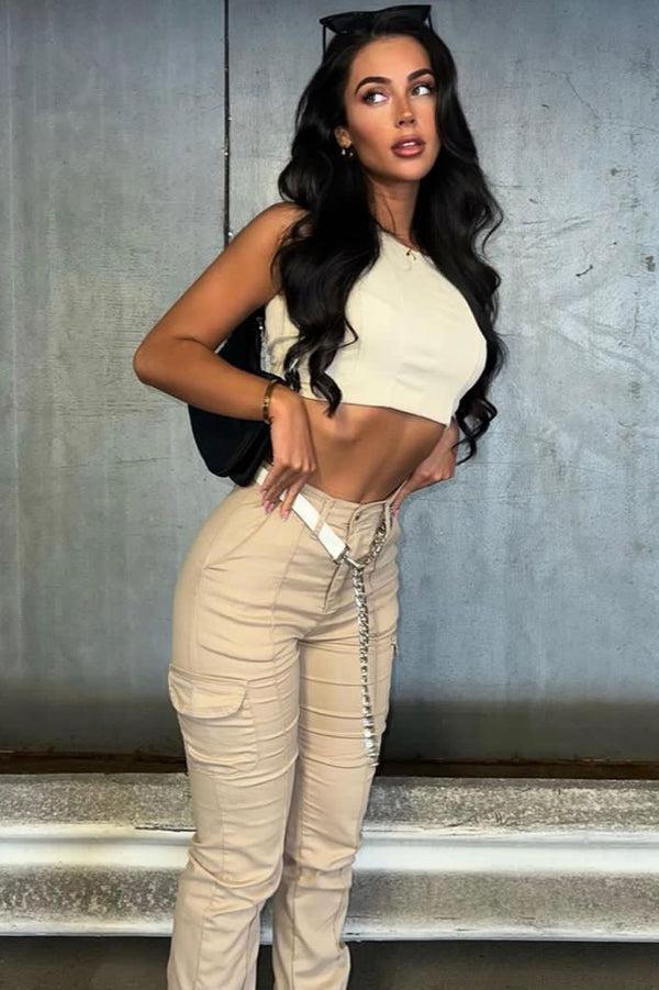 Lasula Ruby Beige Chain Detail Skinny Cargo Trousers