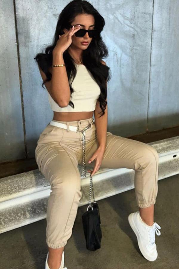 lasula Ruby Beige Chain Detail Skinny Cargo Trousers