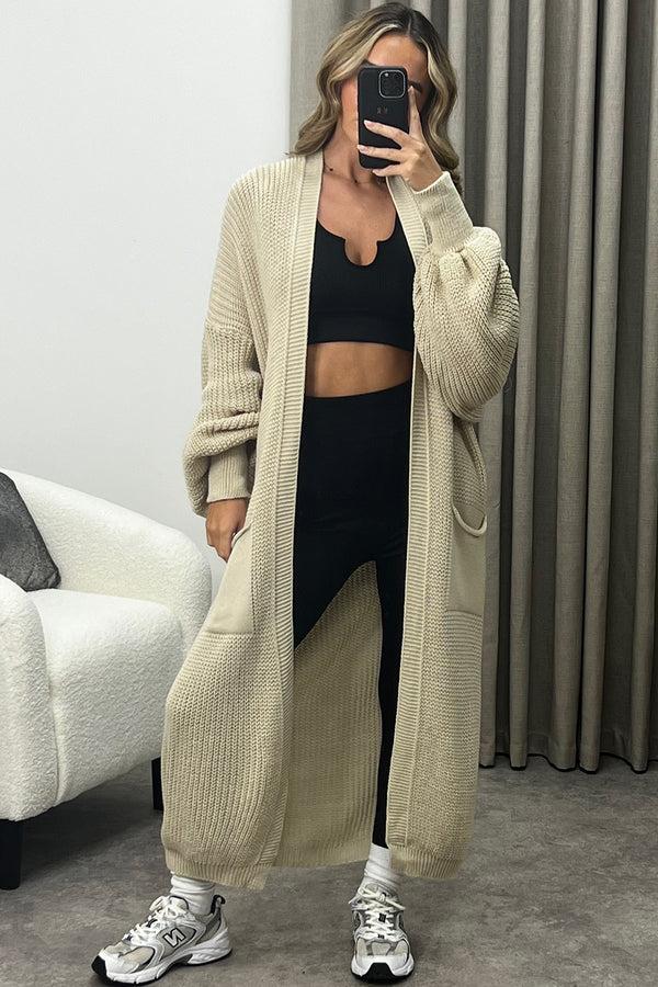 Lasula Rudy Beige Balloon Sleeve Maxi Knitted Cardigan