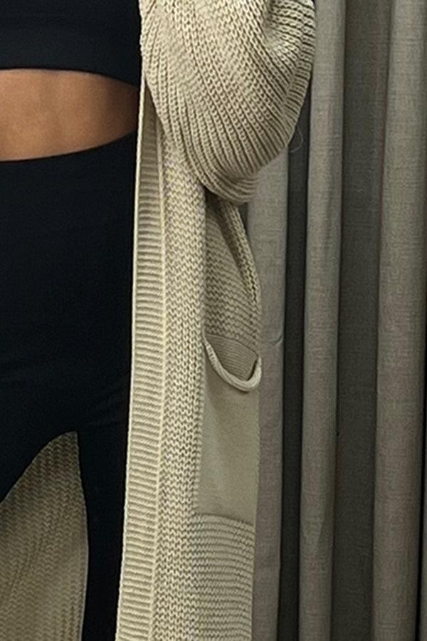 Lasula Rudy Beige Balloon Sleeve Maxi Knitted Cardigan