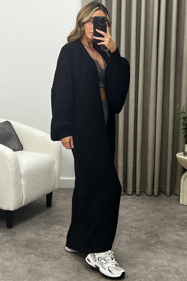 Lasula Rudy Black Balloon Sleeve Maxi Knitted Cardigan