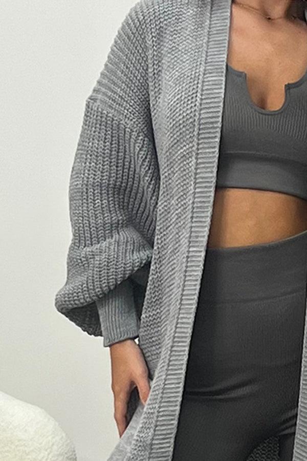Lasula Rudy Grey Balloon Sleeve Maxi Knitted Cardigan