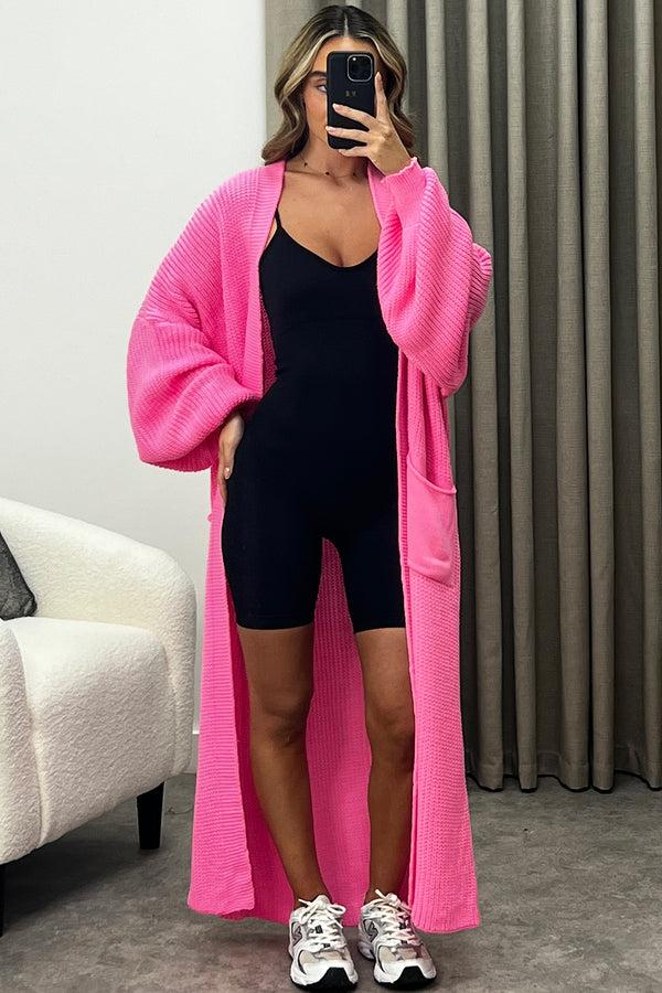 Lasula Rudy Hot Pink Balloon Sleeve Maxi Knitted Cardigan
