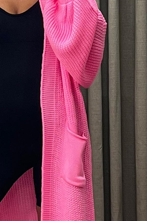 Lasula Rudy Hot Pink Balloon Sleeve Maxi Knitted Cardigan