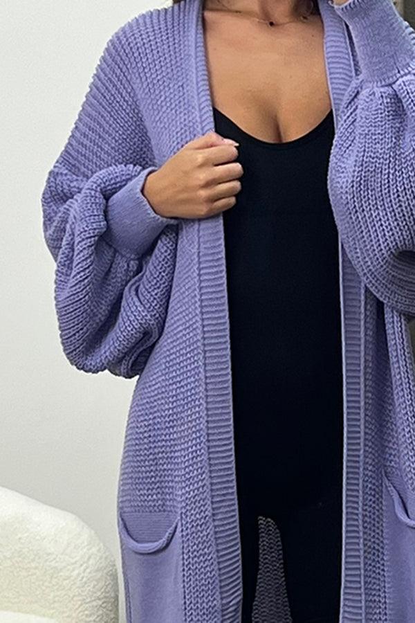 Lasula Rudy Lilac Balloon Sleeve Maxi Knitted Cardigan